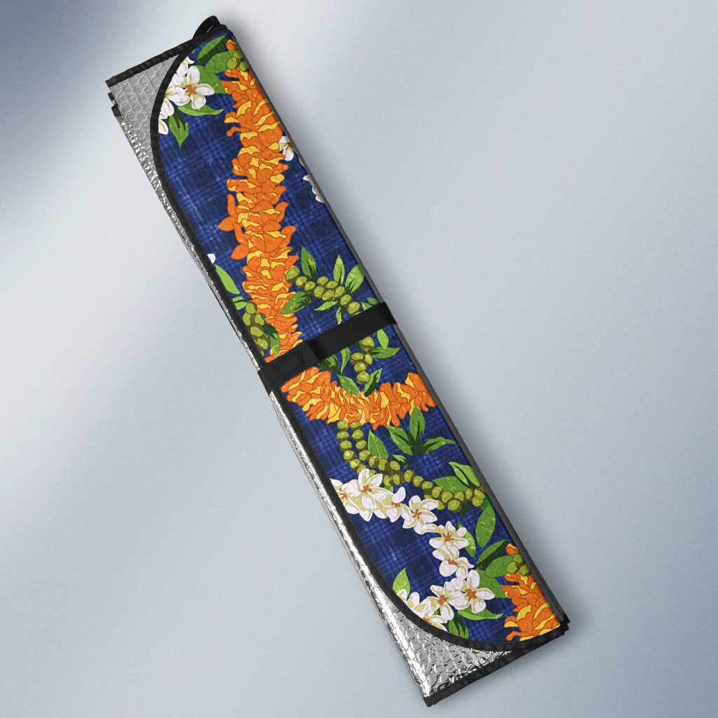 Hawaiian Plumeria Lei Auto Sun Shade Kakau Motifs and Palaka Half Style Blue Color LT03 - Polynesian Pride