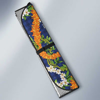 Hawaiian Plumeria Lei Auto Sun Shade Kakau Motifs and Palaka Half Style Blue Color LT03 - Polynesian Pride