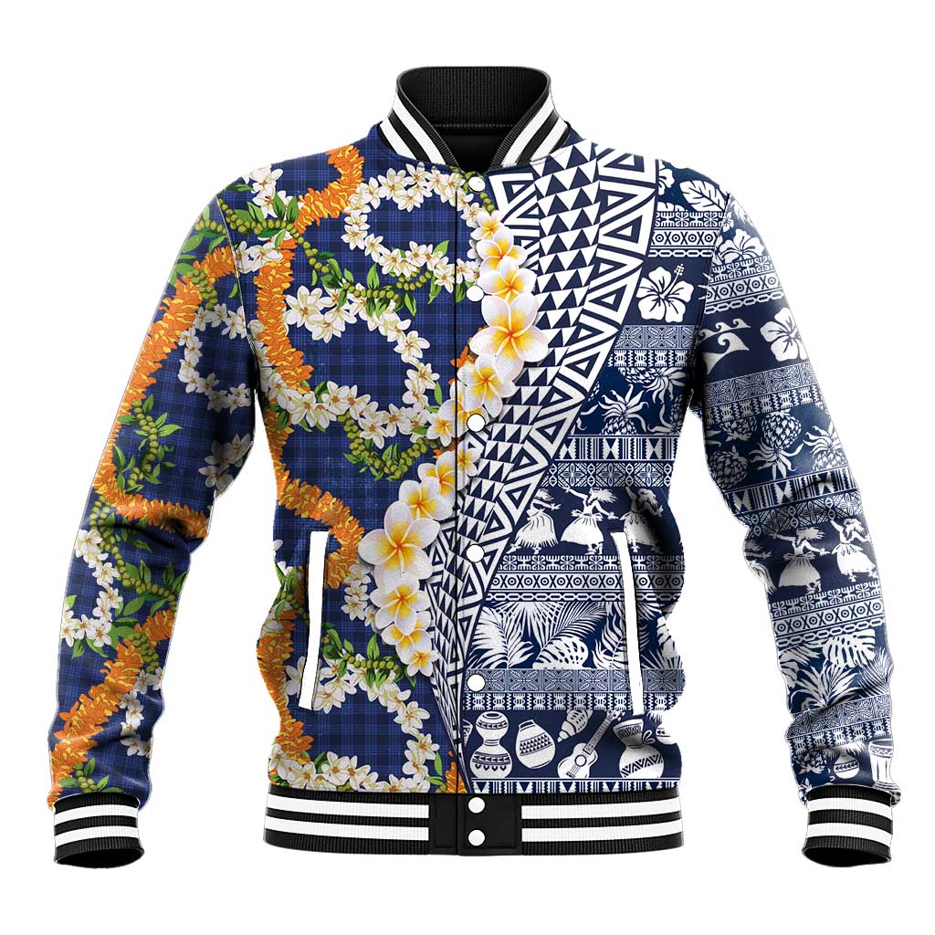 Hawaiian Plumeria Lei Baseball Jacket Kakau Motifs and Palaka Half Style Blue Color LT03 Unisex Blue - Polynesian Pride