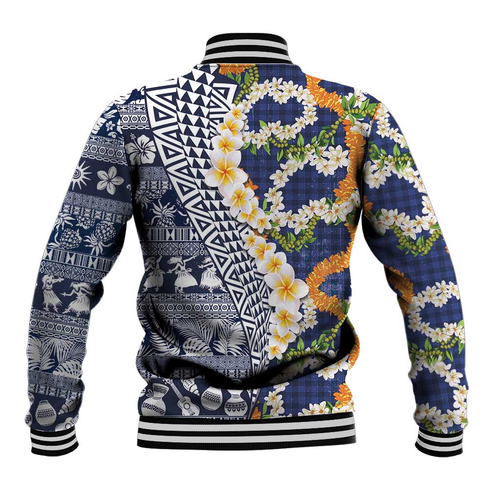 Hawaiian Plumeria Lei Baseball Jacket Kakau Motifs and Palaka Half Style Blue Color LT03 - Polynesian Pride