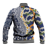 Hawaiian Plumeria Lei Baseball Jacket Kakau Motifs and Palaka Half Style Blue Color LT03 - Polynesian Pride