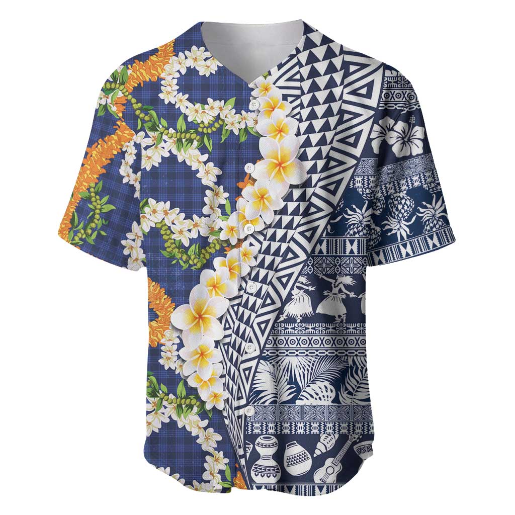 Hawaiian Plumeria Lei Baseball Jersey Kakau Motifs and Palaka Half Style Blue Color LT03 Blue - Polynesian Pride