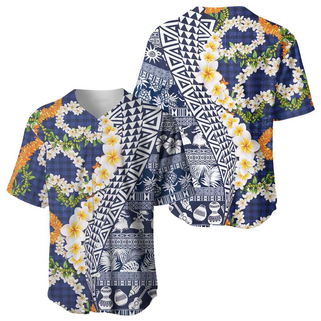 Hawaiian Plumeria Lei Baseball Jersey Kakau Motifs and Palaka Half Style Blue Color LT03 - Polynesian Pride