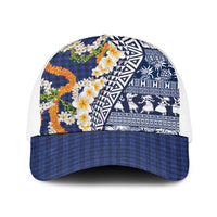 Hawaiian Plumeria Lei Baseball Net Cap Kakau Motifs and Palaka Half Style Blue Color LT03 One Size White Blue - Polynesian Pride