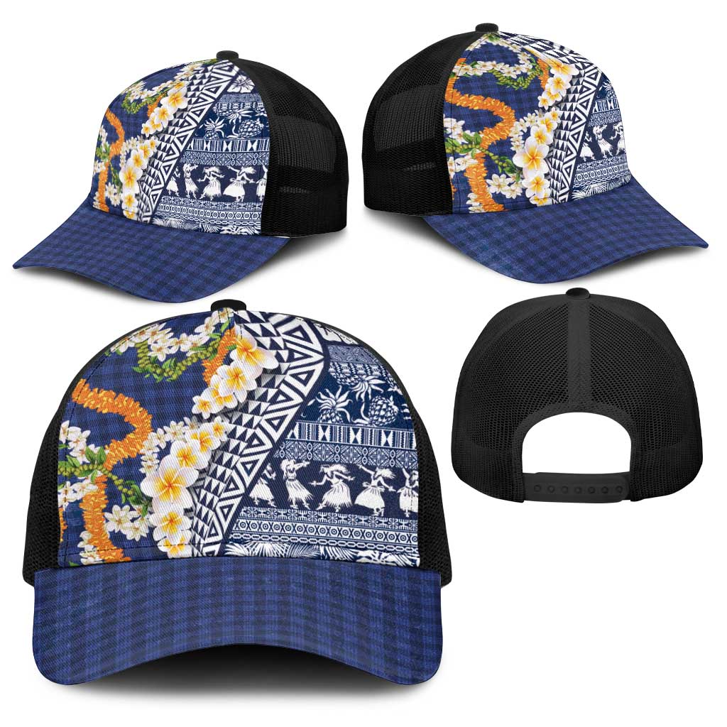 Hawaiian Plumeria Lei Baseball Net Cap Kakau Motifs and Palaka Half Style Blue Color LT03 - Polynesian Pride