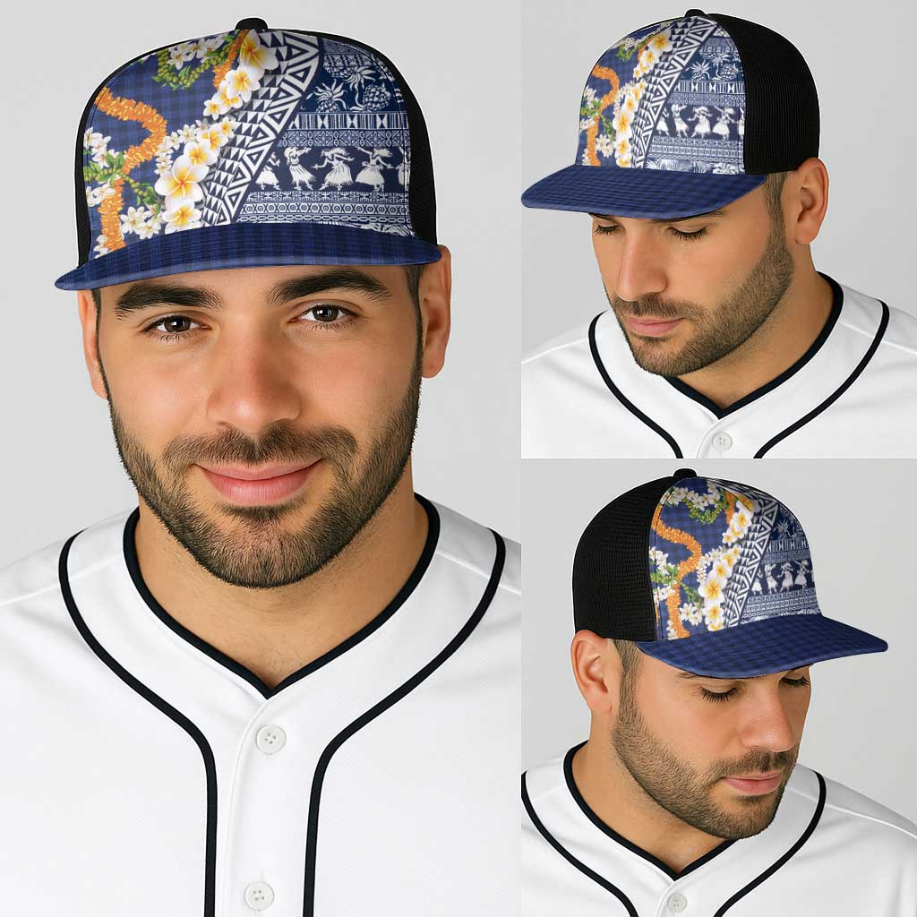 Hawaiian Plumeria Lei Baseball Net Cap Kakau Motifs and Palaka Half Style Blue Color LT03 - Polynesian Pride