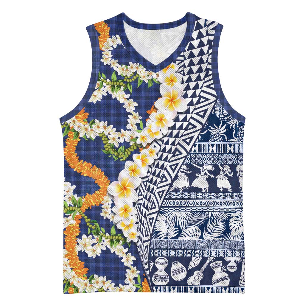 Hawaiian Plumeria Lei Basketball Jersey Kakau Motifs and Palaka Half Style Blue Color LT03 Unisex Blue - Polynesian Pride