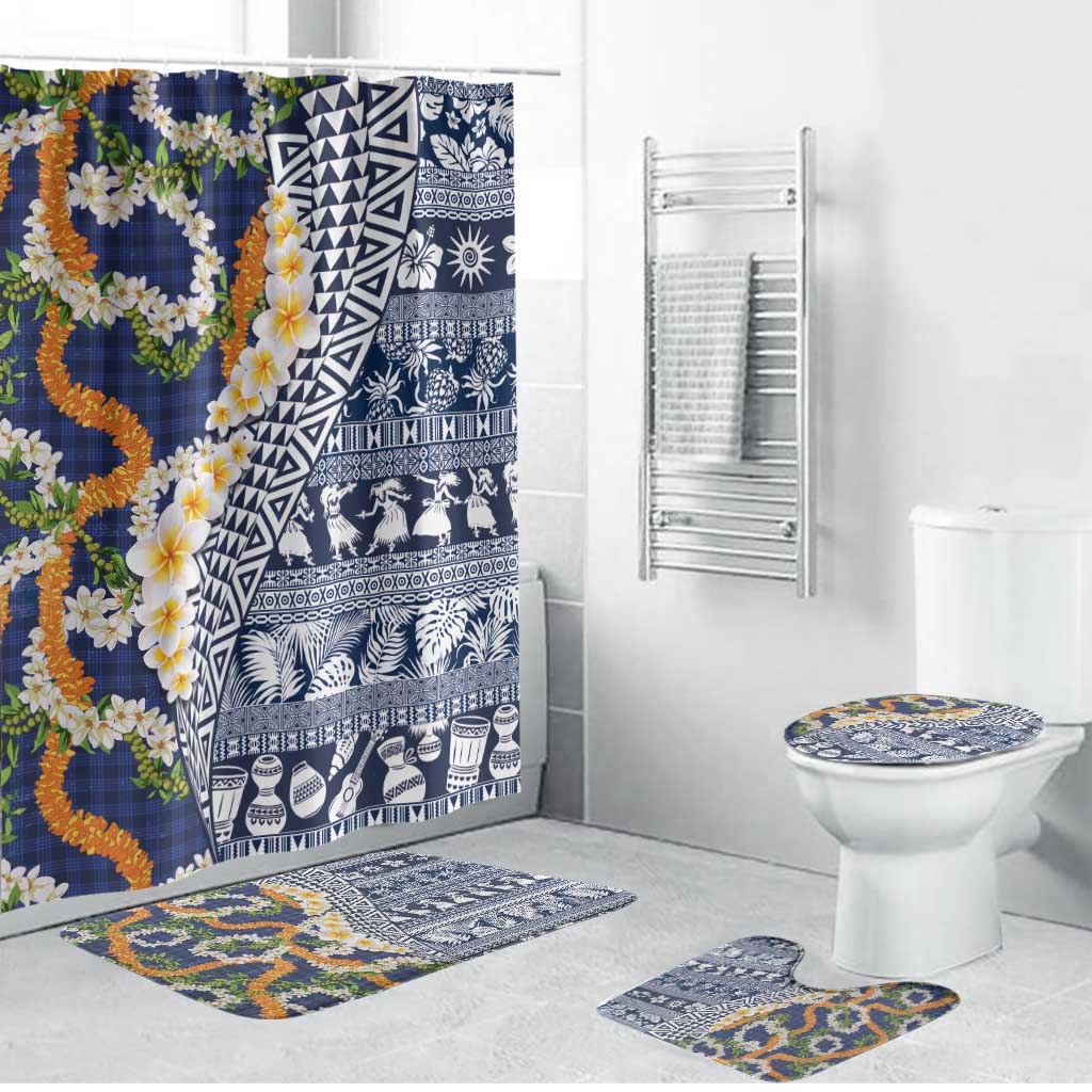 Hawaiian Plumeria Lei Bathroom Set Kakau Motifs and Palaka Half Style Blue Color LT03 Bathroom Set (4 pcs) Blue - Polynesian Pride