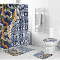 Hawaiian Plumeria Lei Bathroom Set Kakau Motifs and Palaka Half Style Blue Color LT03 Bathroom Set (4 pcs) Blue - Polynesian Pride