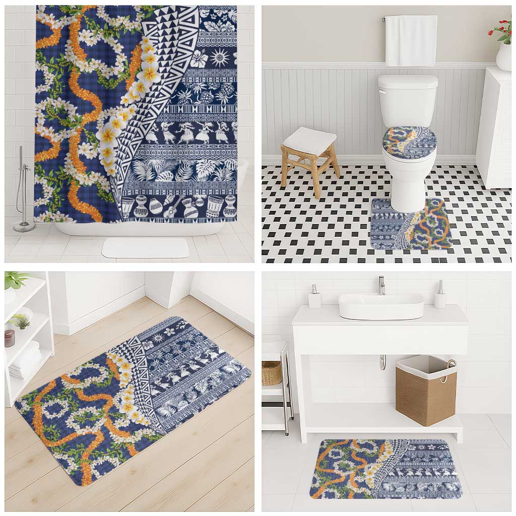 Hawaiian Plumeria Lei Bathroom Set Kakau Motifs and Palaka Half Style Blue Color LT03 - Polynesian Pride