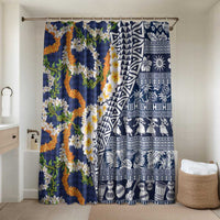 Hawaiian Plumeria Lei Bathroom Set Kakau Motifs and Palaka Half Style Blue Color LT03 Shower Curtain Only Blue - Polynesian Pride