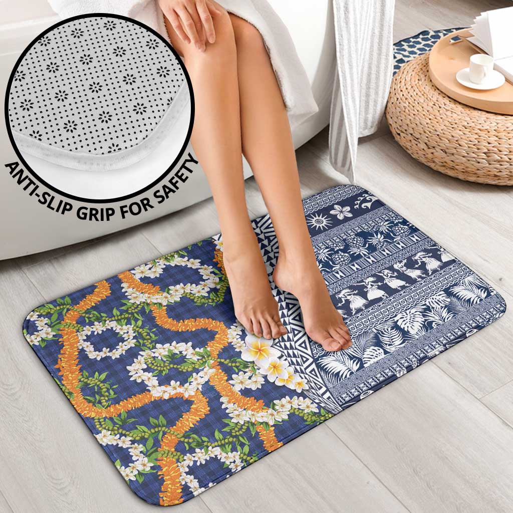Hawaiian Plumeria Lei Bathroom Set Kakau Motifs and Palaka Half Style Blue Color LT03 - Polynesian Pride