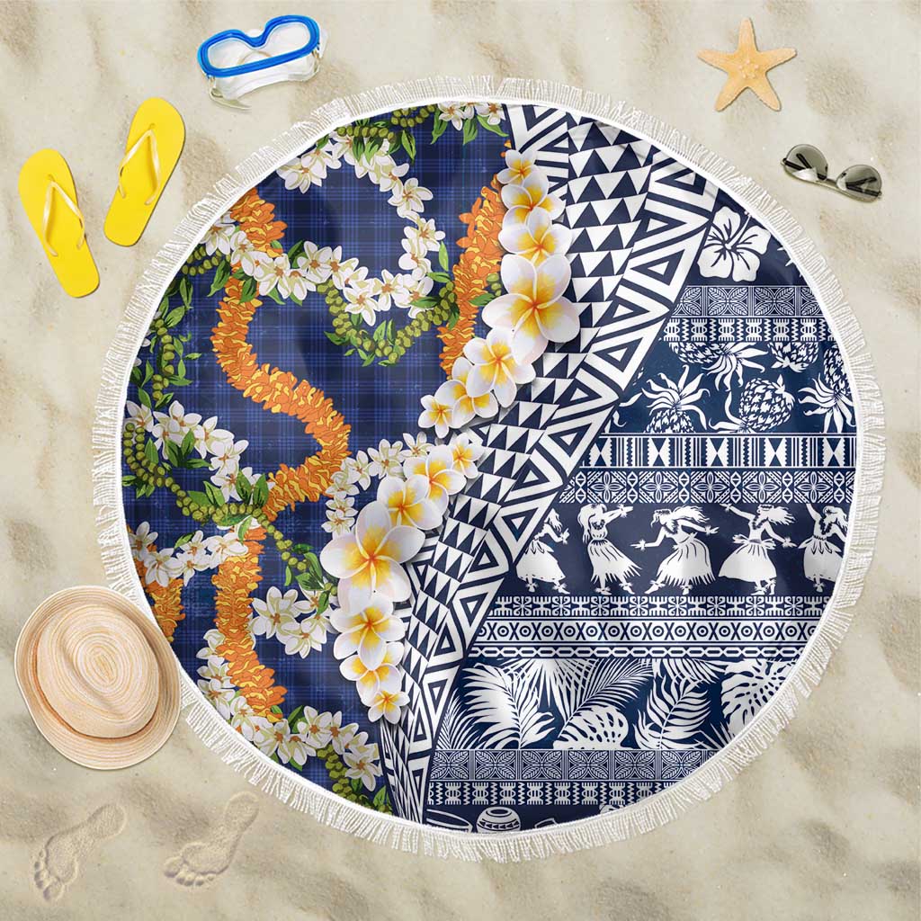 Hawaiian Plumeria Lei Beach Blanket Kakau Motifs and Palaka Half Style Blue Color - Polynesian Pride