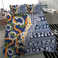 Hawaiian Plumeria Lei Bedding Set Kakau Motifs and Palaka Half Style Blue Color - Polynesian Pride