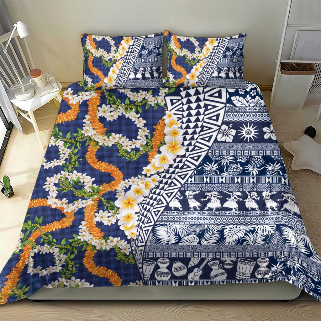 Hawaiian Plumeria Lei Bedding Set Kakau Motifs and Palaka Half Style Blue Color - Polynesian Pride