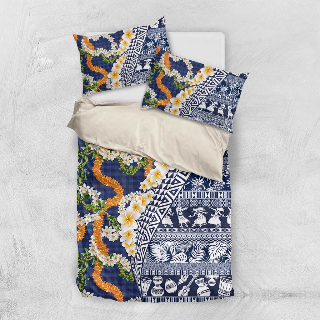 Hawaiian Plumeria Lei Bedding Set Kakau Motifs and Palaka Half Style Blue Color - Polynesian Pride