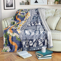 Hawaiian Plumeria Lei Blanket Kakau Motifs and Palaka Half Style Blue Color - Polynesian Pride
