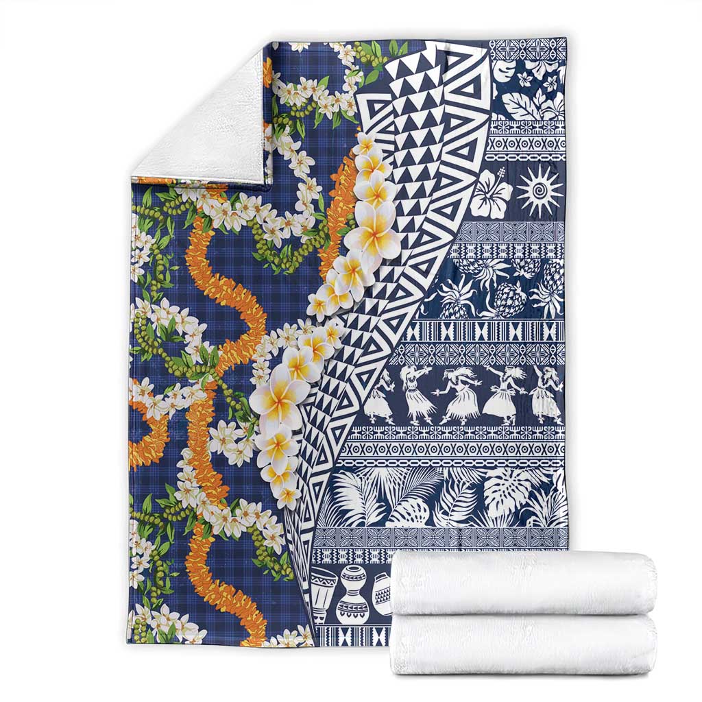 Hawaiian Plumeria Lei Blanket Kakau Motifs and Palaka Half Style Blue Color - Polynesian Pride