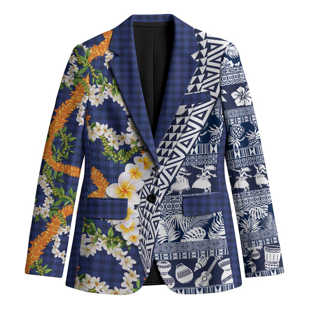 Hawaiian Plumeria Lei Blazer Kakau Motifs and Palaka Half Style Blue Color - Polynesian Pride