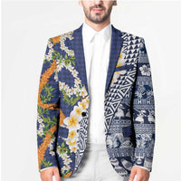 Hawaiian Plumeria Lei Blazer Kakau Motifs and Palaka Half Style Blue Color - Polynesian Pride