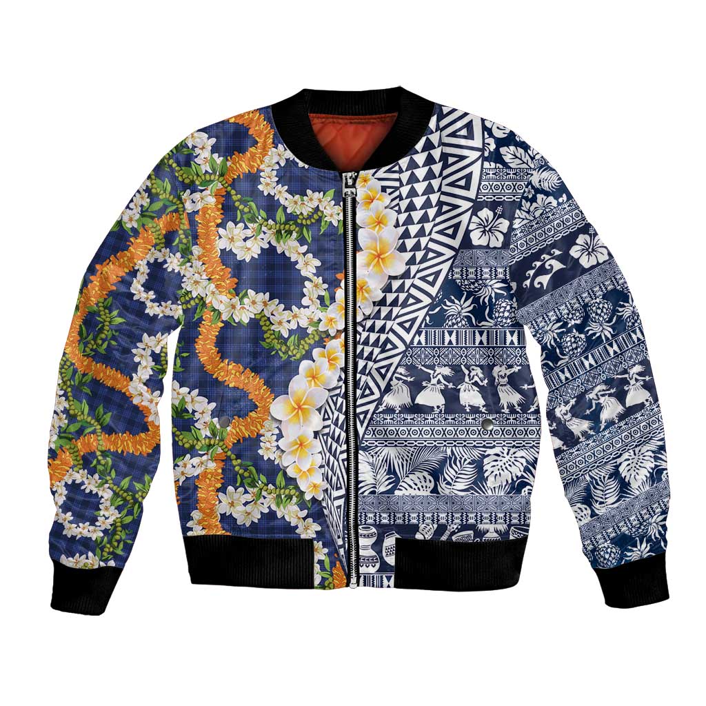 Hawaiian Plumeria Lei Bomber Jacket Kakau Motifs and Palaka Half Style Blue Color - Polynesian Pride