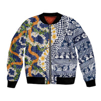 Hawaiian Plumeria Lei Bomber Jacket Kakau Motifs and Palaka Half Style Blue Color - Polynesian Pride
