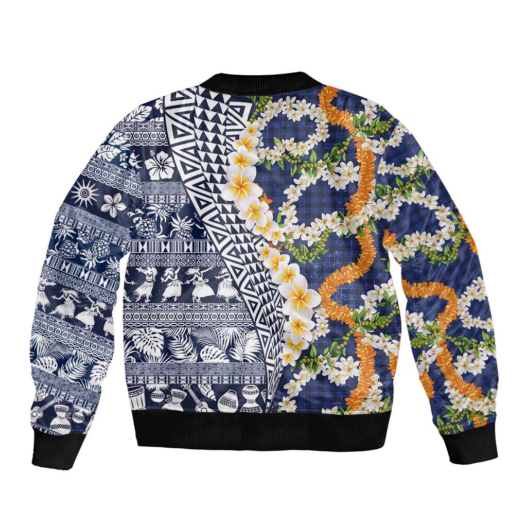 Hawaiian Plumeria Lei Bomber Jacket Kakau Motifs and Palaka Half Style Blue Color - Polynesian Pride