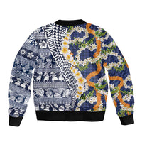 Hawaiian Plumeria Lei Bomber Jacket Kakau Motifs and Palaka Half Style Blue Color - Polynesian Pride