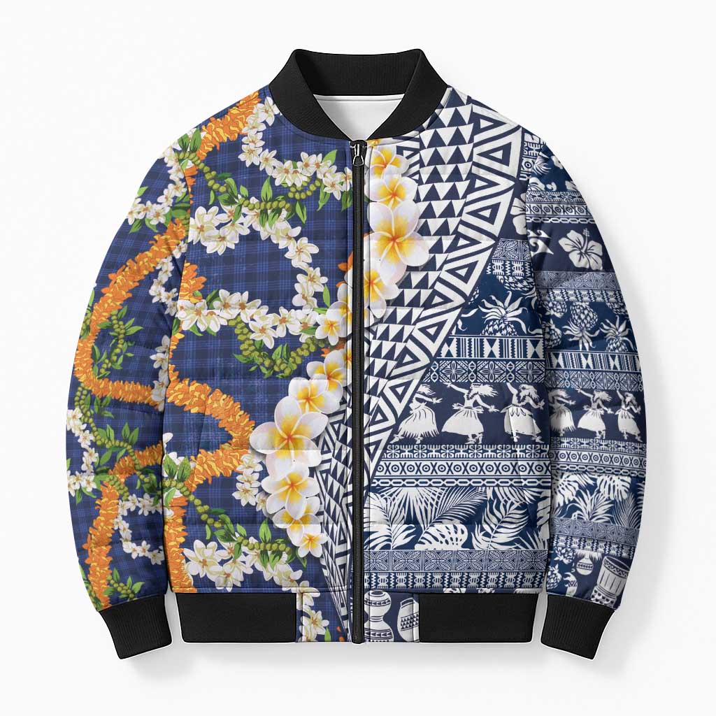 Hawaiian Plumeria Lei Bomber Puffer Jacket Kakau Motifs and Palaka Half Style Blue Color LT03 Unisex Blue - Polynesian Pride
