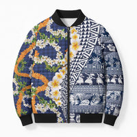 Hawaiian Plumeria Lei Bomber Puffer Jacket Kakau Motifs and Palaka Half Style Blue Color LT03 Unisex Blue - Polynesian Pride