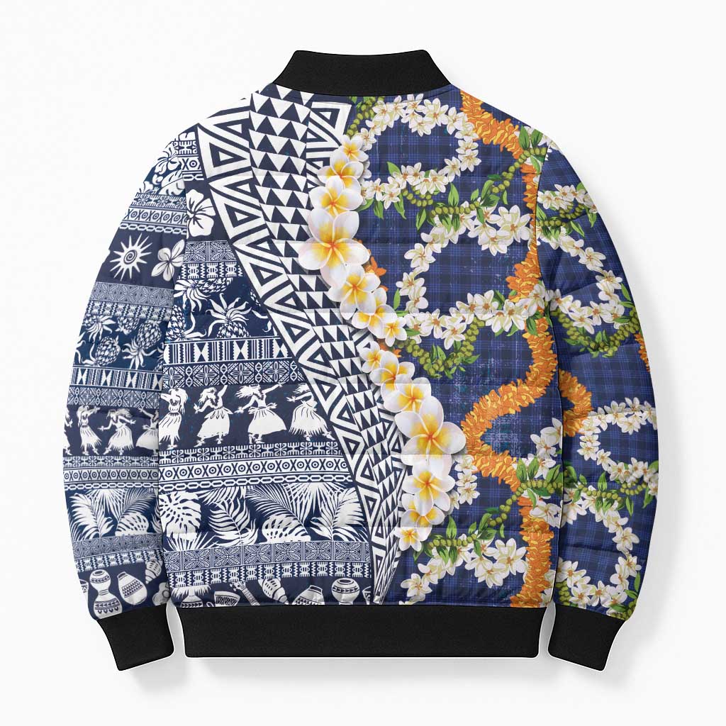 Hawaiian Plumeria Lei Bomber Puffer Jacket Kakau Motifs and Palaka Half Style Blue Color LT03 - Polynesian Pride