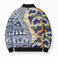 Hawaiian Plumeria Lei Bomber Puffer Jacket Kakau Motifs and Palaka Half Style Blue Color LT03 - Polynesian Pride