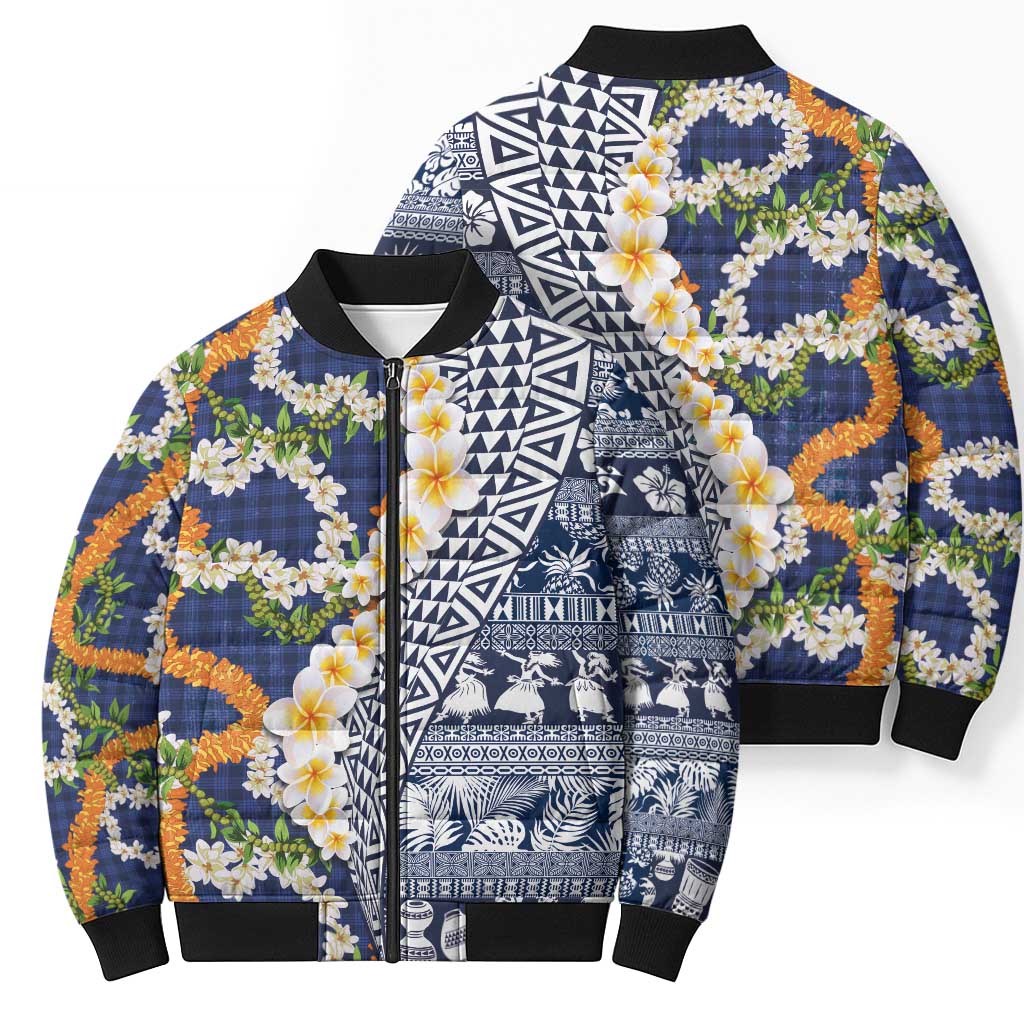 Hawaiian Plumeria Lei Bomber Puffer Jacket Kakau Motifs and Palaka Half Style Blue Color LT03 - Polynesian Pride