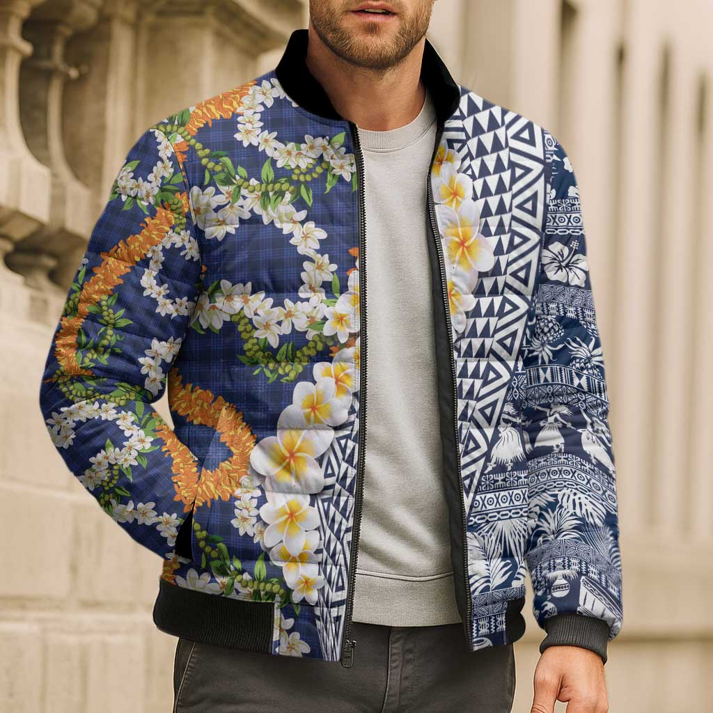 Hawaiian Plumeria Lei Bomber Puffer Jacket Kakau Motifs and Palaka Half Style Blue Color LT03 - Polynesian Pride