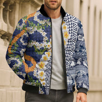 Hawaiian Plumeria Lei Bomber Puffer Jacket Kakau Motifs and Palaka Half Style Blue Color LT03 - Polynesian Pride