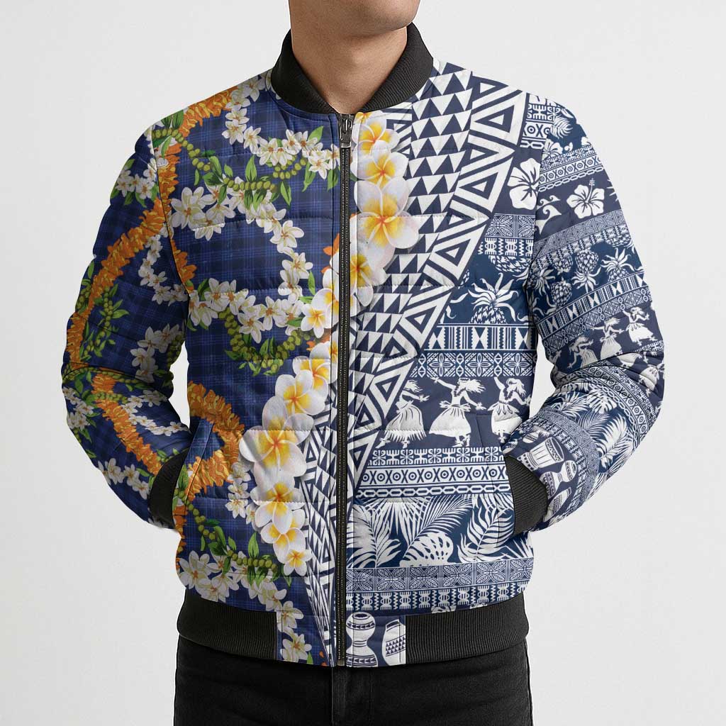 Hawaiian Plumeria Lei Bomber Puffer Jacket Kakau Motifs and Palaka Half Style Blue Color LT03 - Polynesian Pride