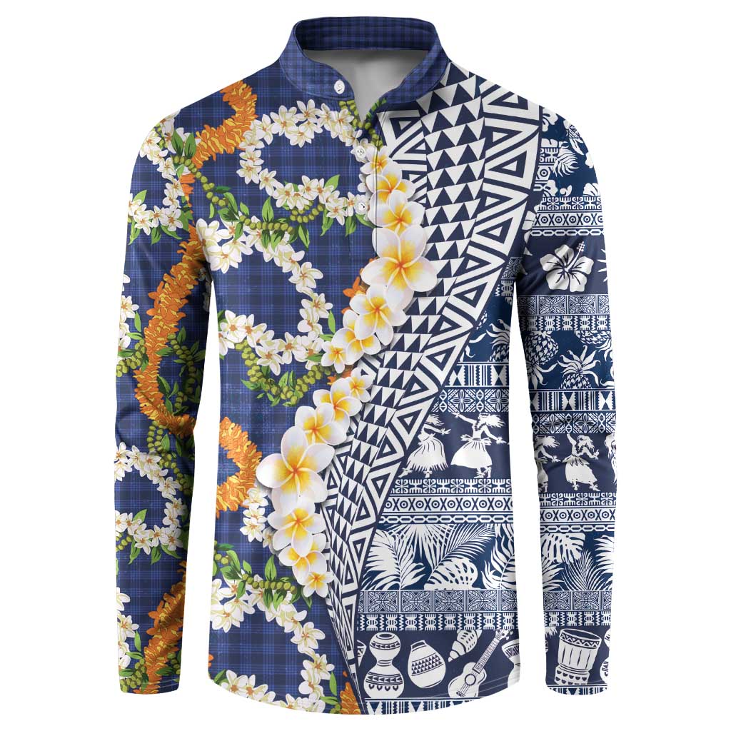 Hawaiian Plumeria Lei Button Sweatshirt Kakau Motifs and Palaka Half Style Blue Color LT03 Blue - Polynesian Pride