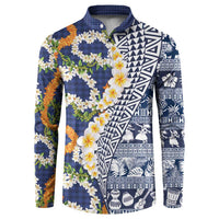 Hawaiian Plumeria Lei Button Sweatshirt Kakau Motifs and Palaka Half Style Blue Color LT03 Blue - Polynesian Pride