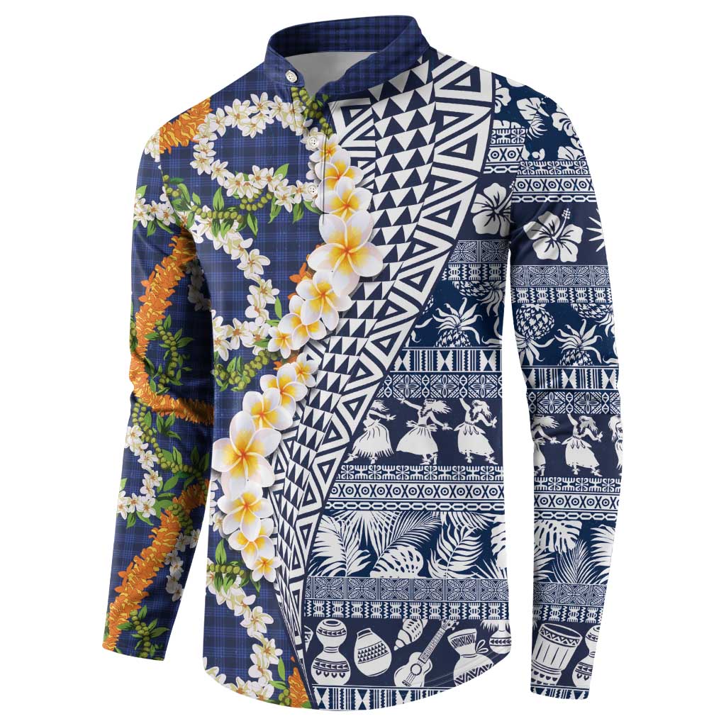 Hawaiian Plumeria Lei Button Sweatshirt Kakau Motifs and Palaka Half Style Blue Color LT03 - Polynesian Pride