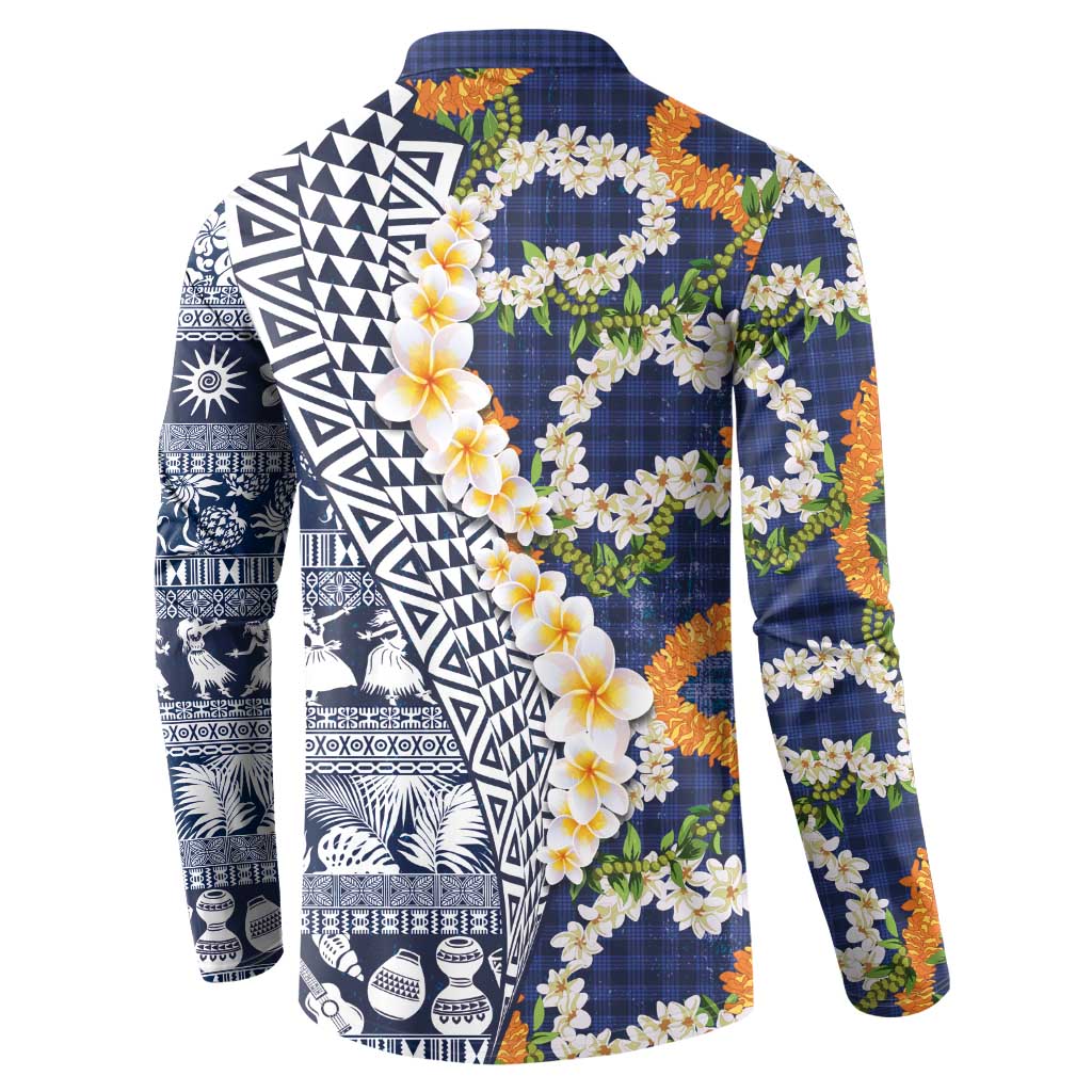 Hawaiian Plumeria Lei Button Sweatshirt Kakau Motifs and Palaka Half Style Blue Color LT03 - Polynesian Pride