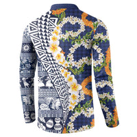 Hawaiian Plumeria Lei Button Sweatshirt Kakau Motifs and Palaka Half Style Blue Color LT03 - Polynesian Pride