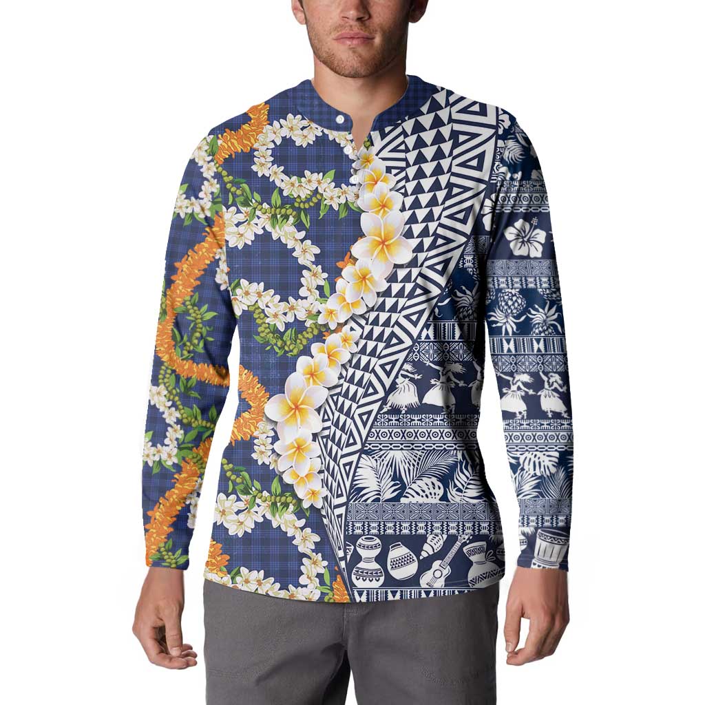 Hawaiian Plumeria Lei Button Sweatshirt Kakau Motifs and Palaka Half Style Blue Color LT03 - Polynesian Pride