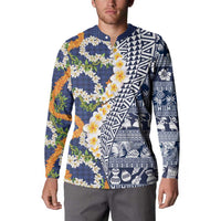 Hawaiian Plumeria Lei Button Sweatshirt Kakau Motifs and Palaka Half Style Blue Color LT03 - Polynesian Pride