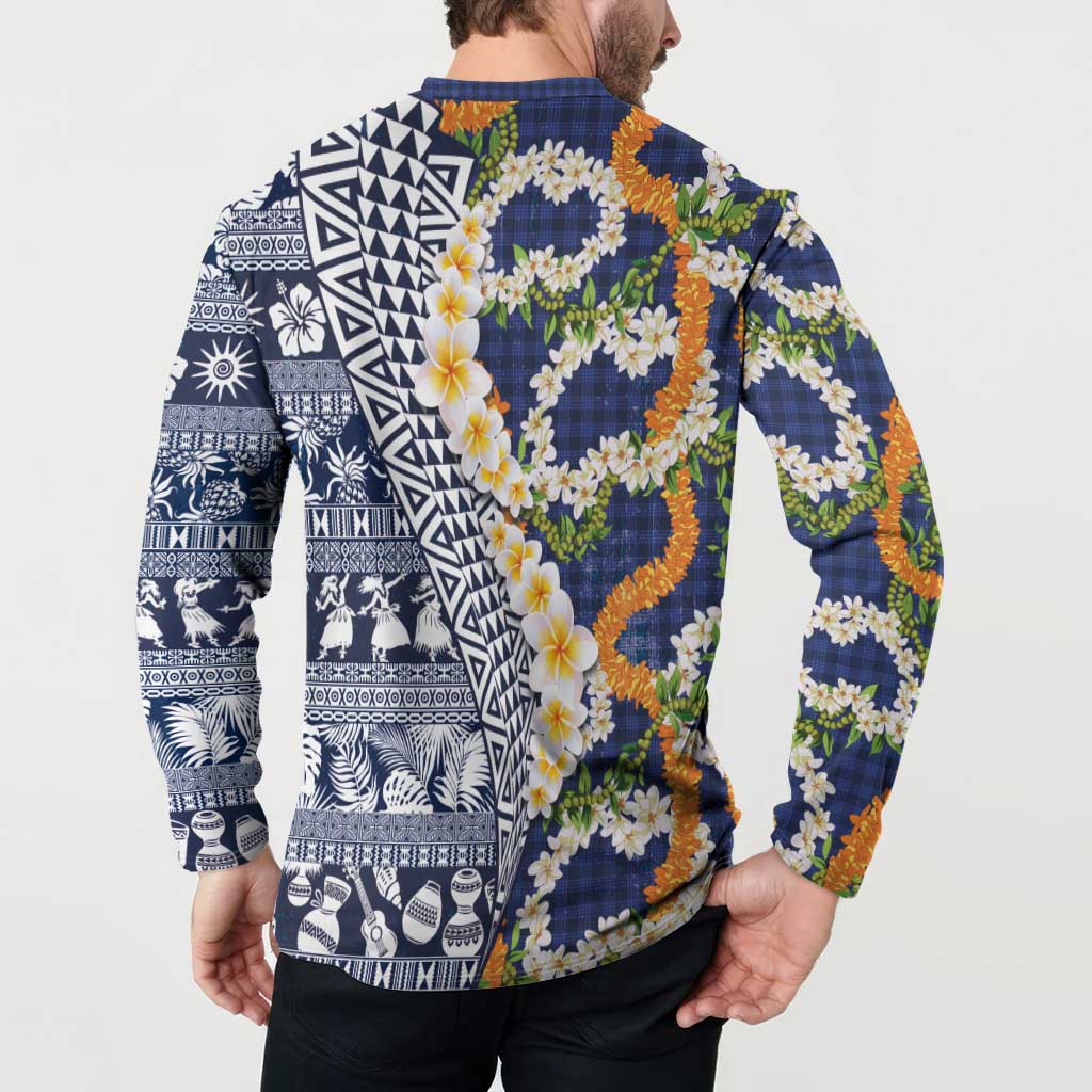 Hawaiian Plumeria Lei Button Sweatshirt Kakau Motifs and Palaka Half Style Blue Color LT03 - Polynesian Pride