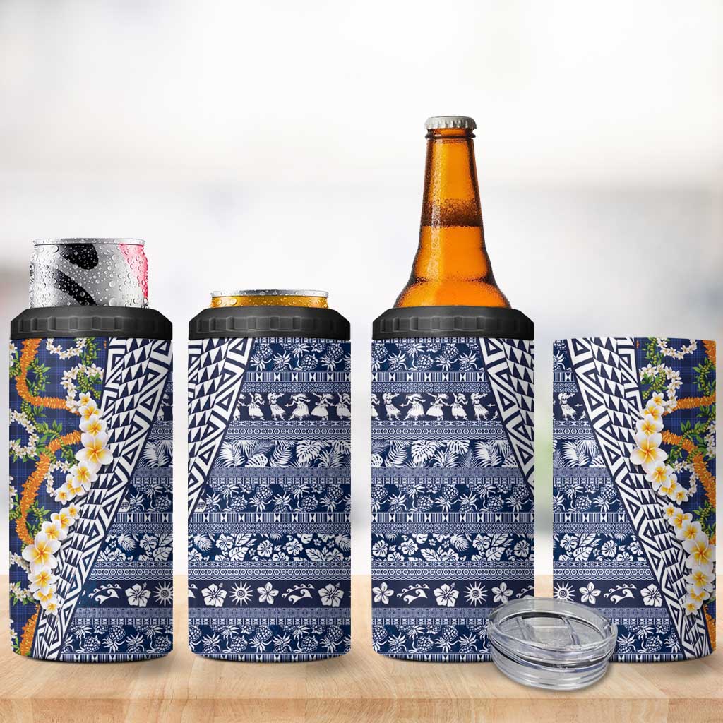 Hawaiian Plumeria Lei 4 in 1 Can Cooler Tumbler Kakau Motifs and Palaka Half Style Blue Color - Polynesian Pride