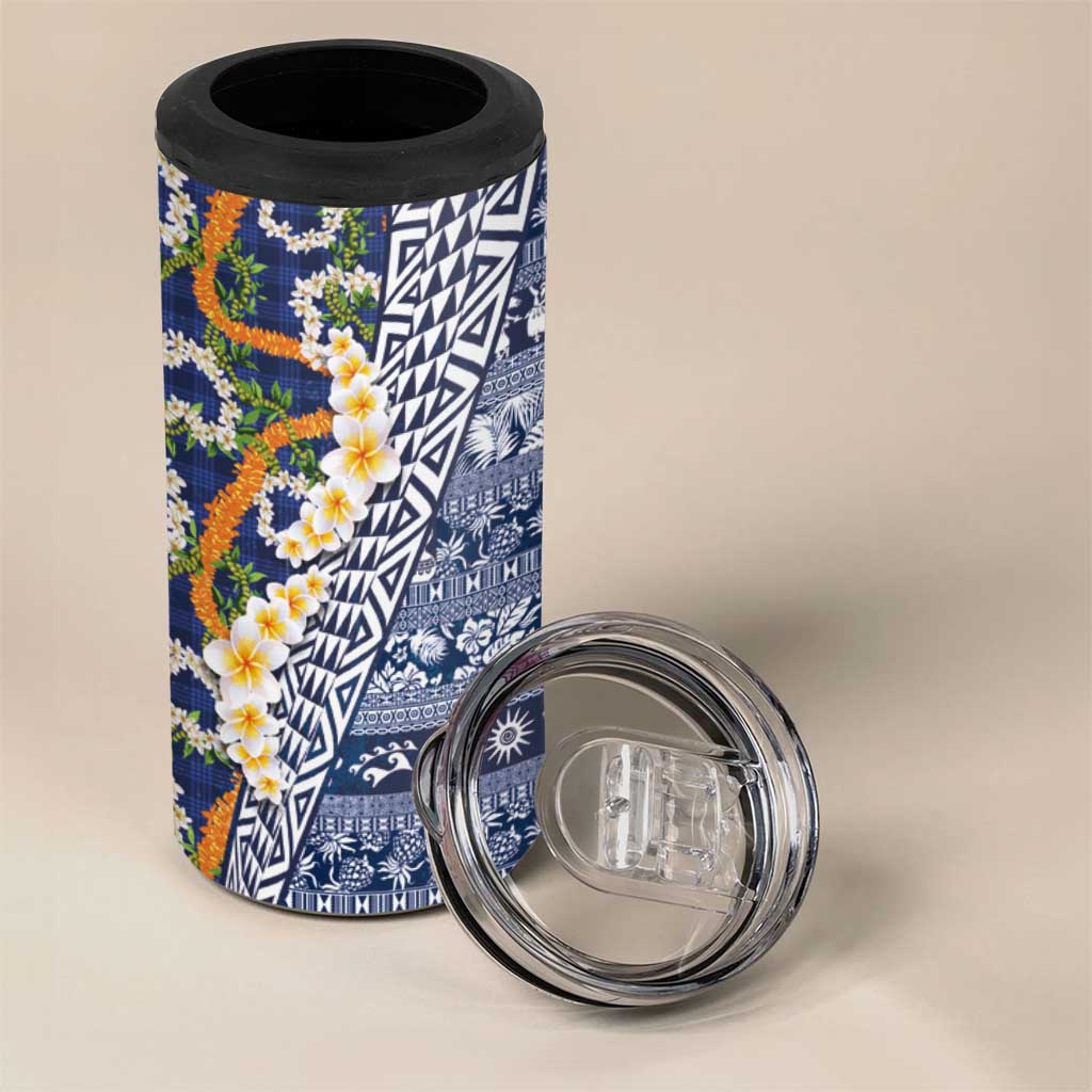 Hawaiian Plumeria Lei 4 in 1 Can Cooler Tumbler Kakau Motifs and Palaka Half Style Blue Color - Polynesian Pride