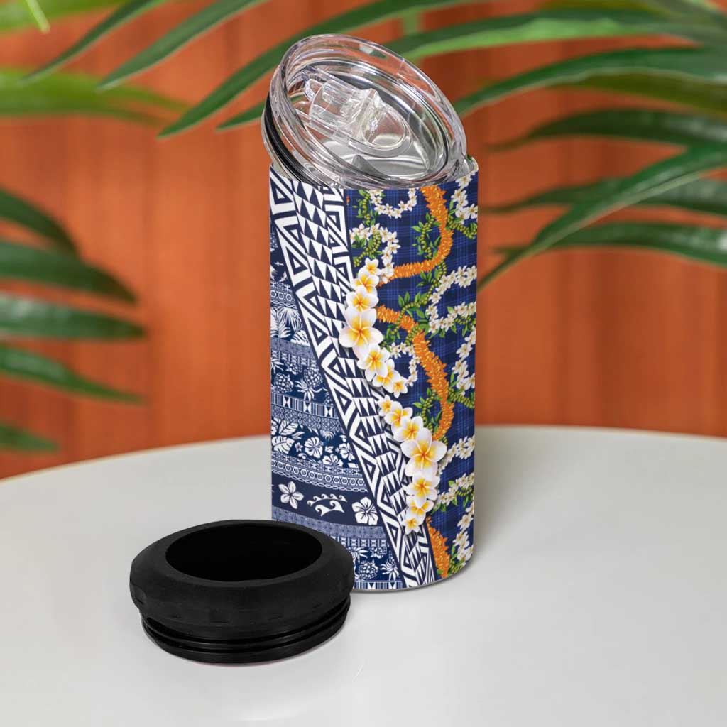 Hawaiian Plumeria Lei 4 in 1 Can Cooler Tumbler Kakau Motifs and Palaka Half Style Blue Color - Polynesian Pride