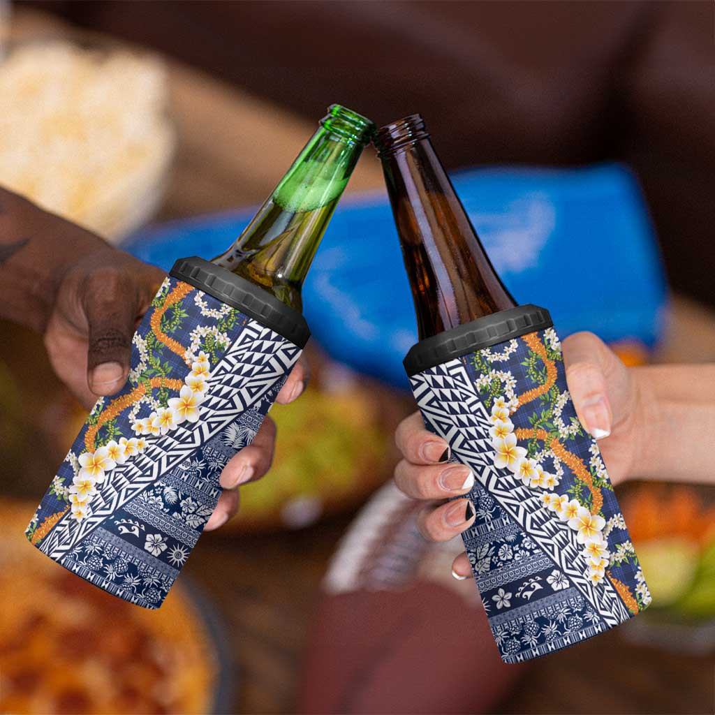 Hawaiian Plumeria Lei 4 in 1 Can Cooler Tumbler Kakau Motifs and Palaka Half Style Blue Color - Polynesian Pride