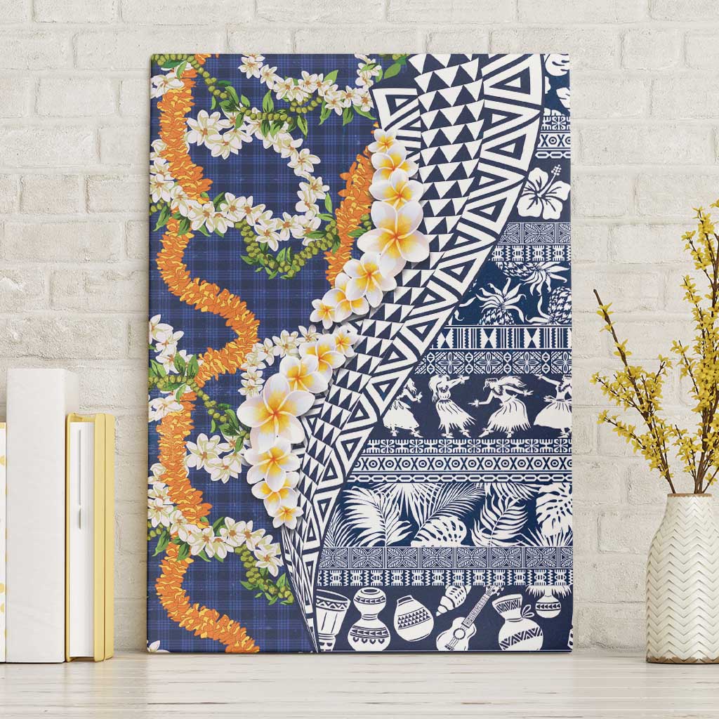 Hawaiian Plumeria Lei Canvas Wall Art Kakau Motifs and Palaka Half Style Blue Color LT03 Without Frame Blue - Polynesian Pride