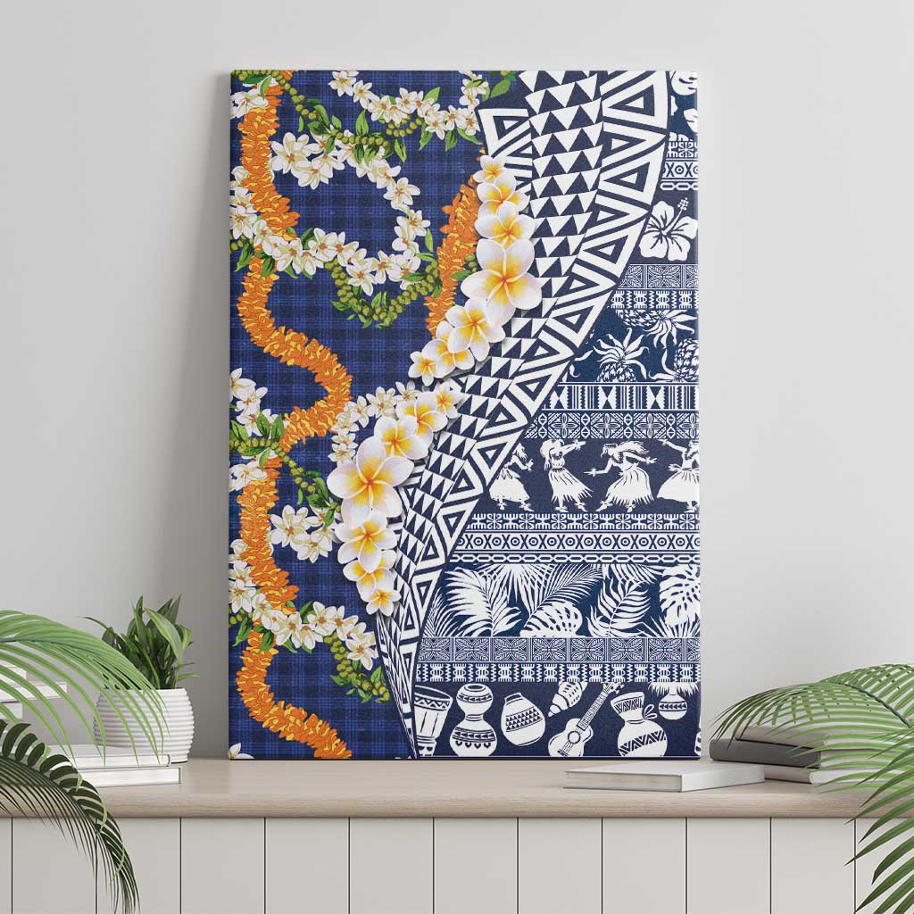Hawaiian Plumeria Lei Canvas Wall Art Kakau Motifs and Palaka Half Style Blue Color LT03 - Polynesian Pride